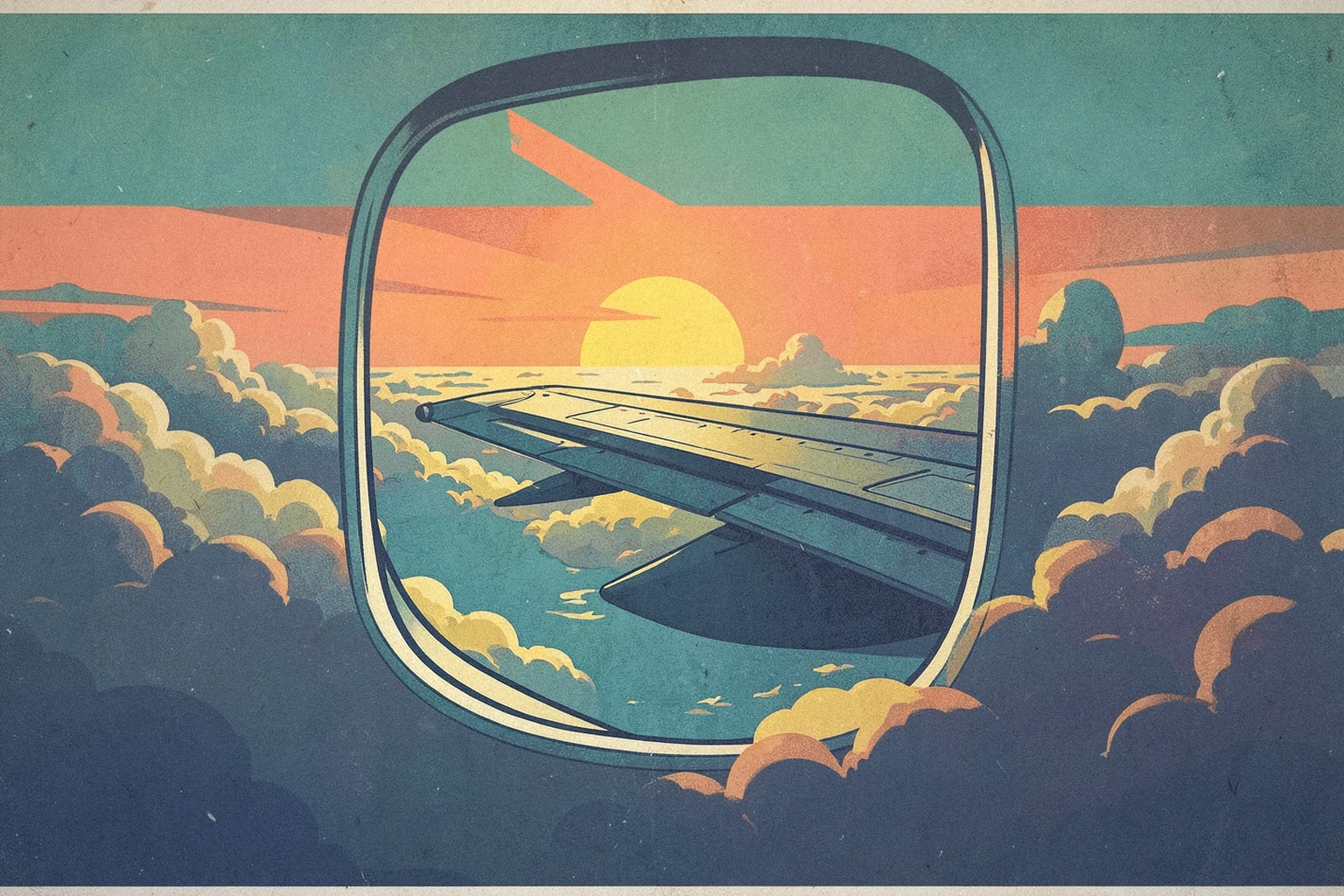 Jet Age artwork of an aircraft wing above clouds at sunset