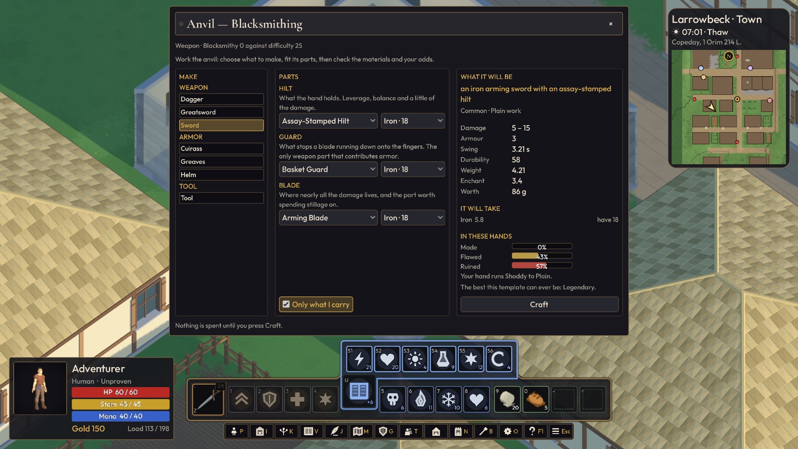 The blacksmithing interface assembles a sword from parts and materials