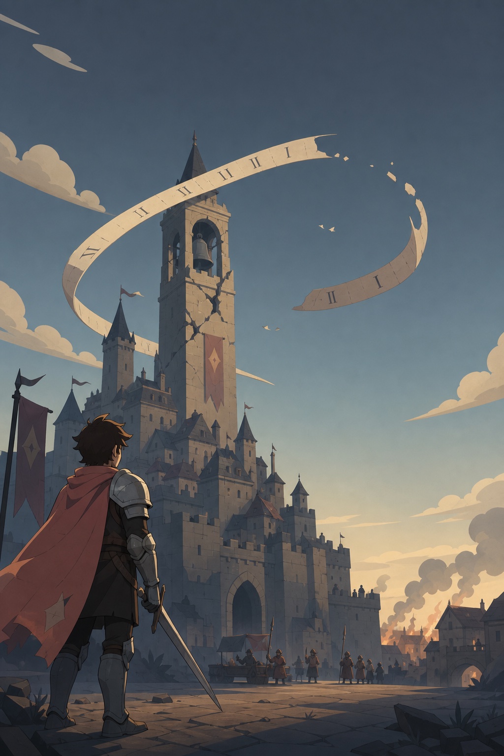 Rowan faces Castle Veyrun beneath a broken ribbon marked with hours