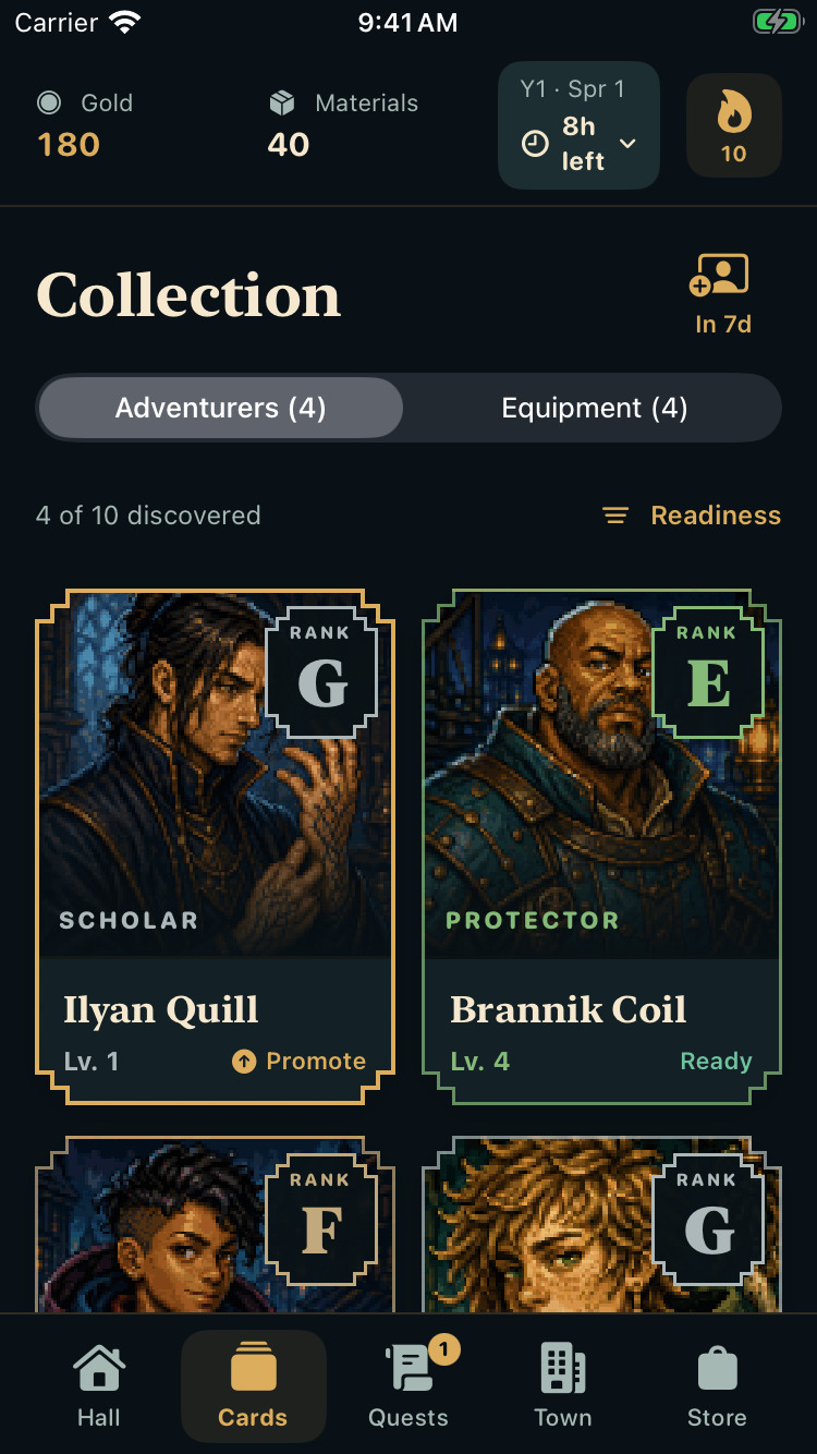 The adventurer collection shows Ilyan Quill and Brannik Coil with their ranks, levels, and readiness