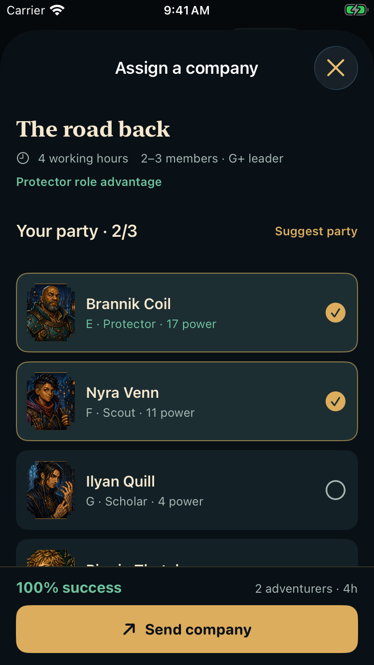 Brannik Coil and Nyra Venn selected for The road back quest, with a success forecast and dispatch action