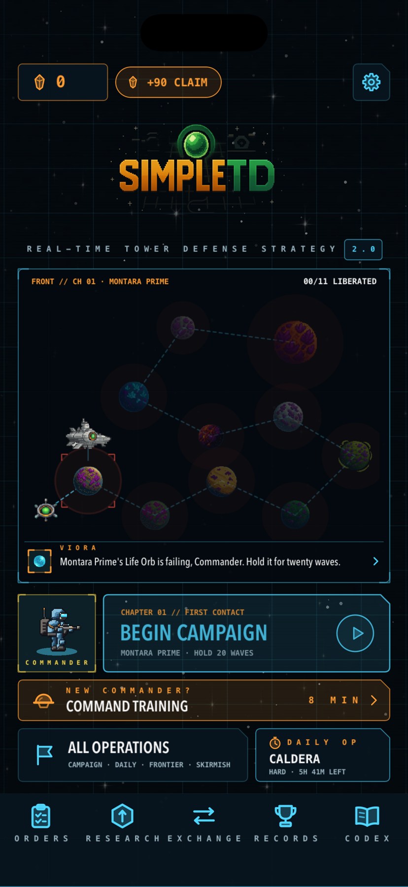 SimpleTD 2.0’s orbital command bridge overlooking a campaign planet