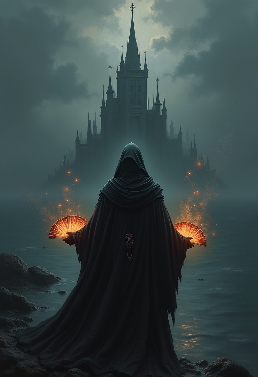 A hooded Weaver carries cards toward a mist-shrouded citadel