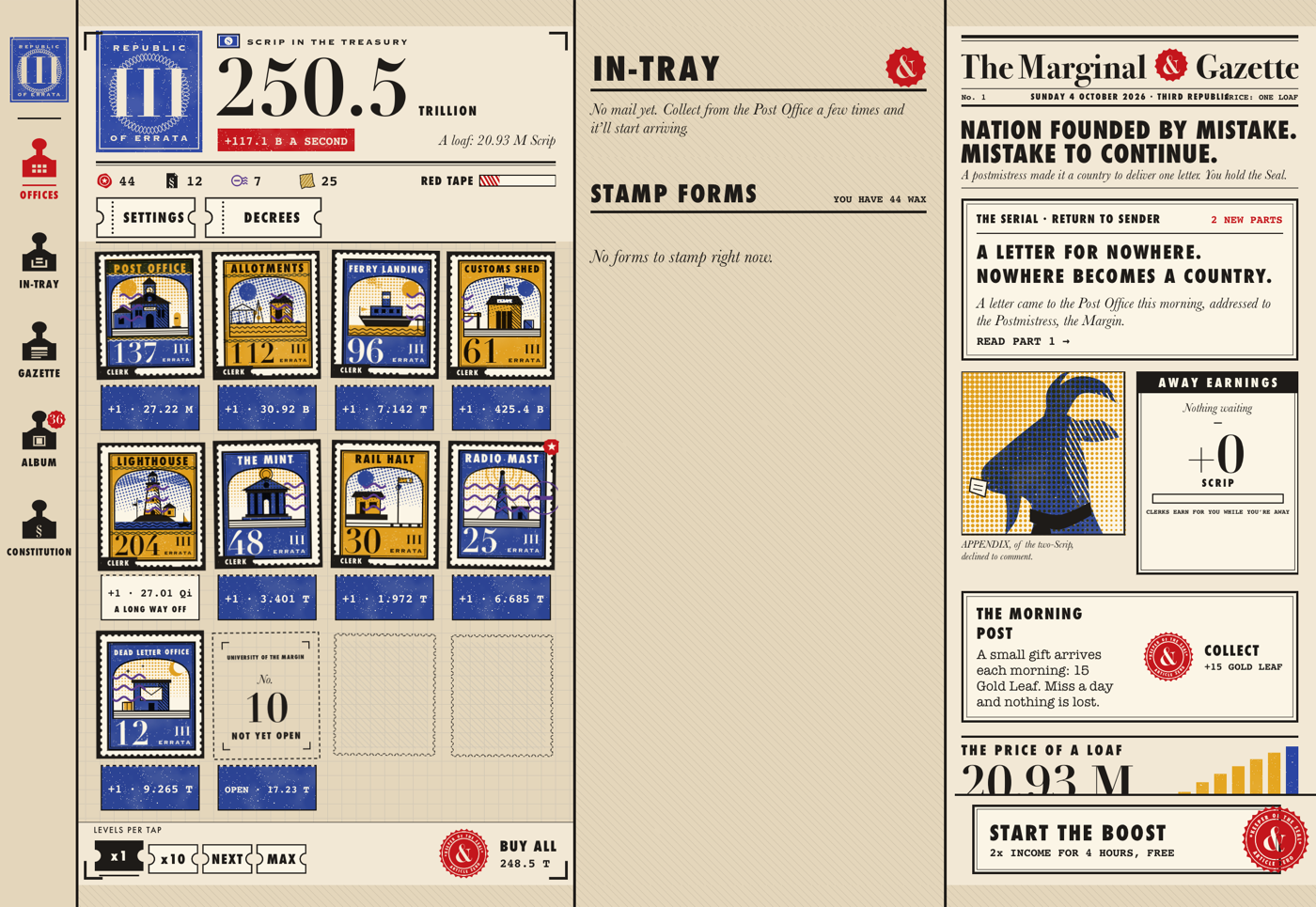 Office stamps, the In-Tray and The Marginal Gazette together on iPad